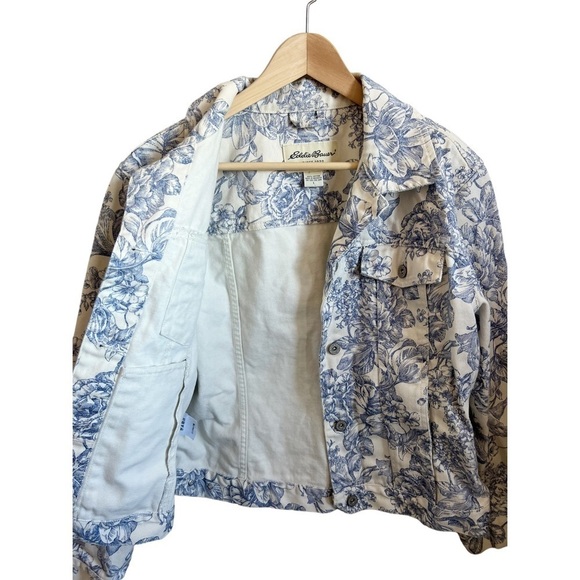 EDDIE Bauer Vintage 90s Wedgewood Floral Rigid Denim Jacket Large - Picture 9 of 10